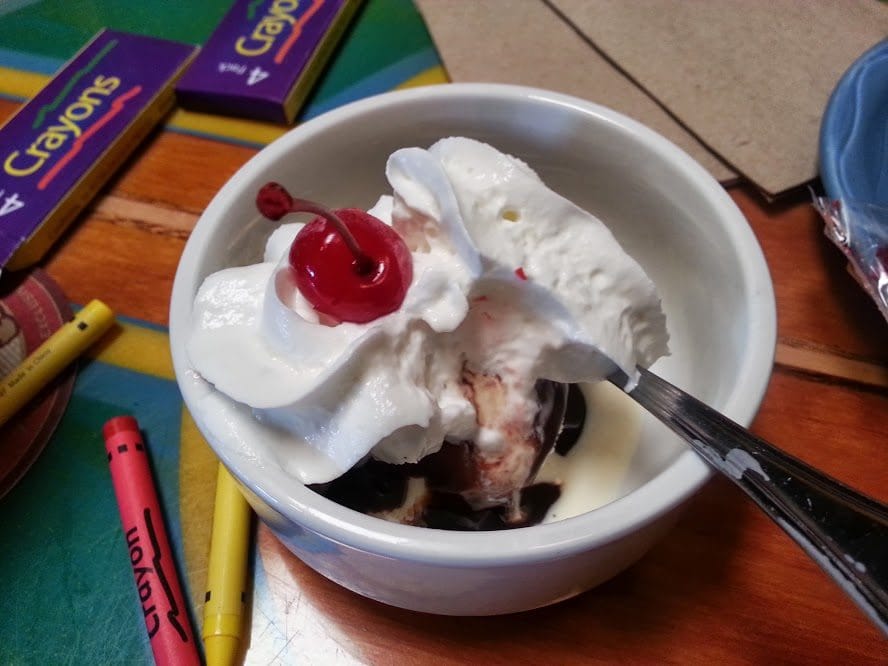 Ice Cream Sundae in a bowl topped with whipped cream and a cherry.