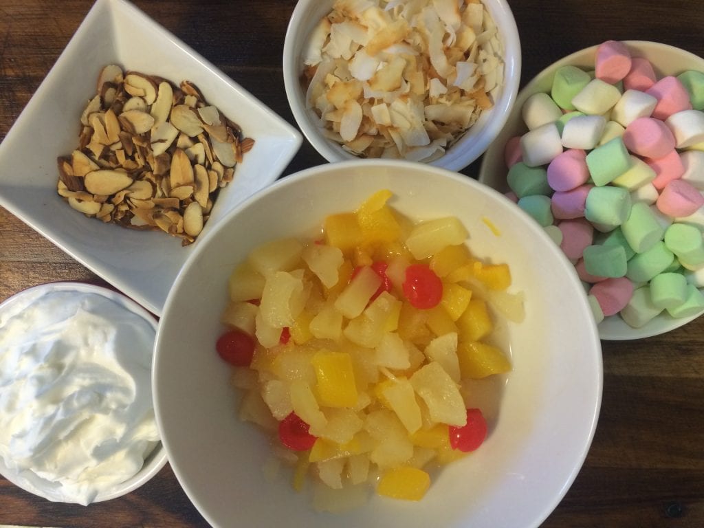 bowls of fruit, almonds, marshmellos