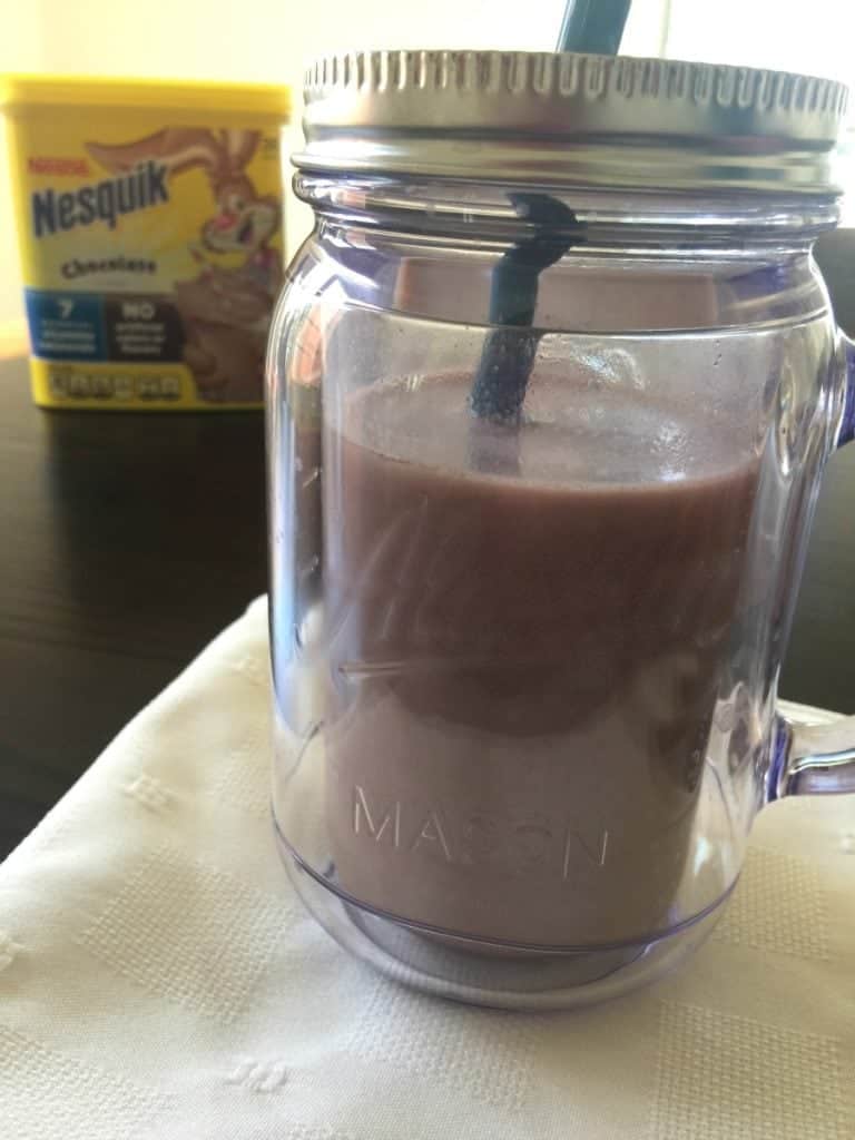 Nesquik chocolate milk in a mason jar