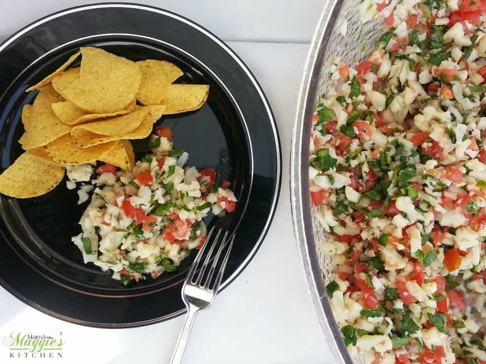 Fishless Ceviche in a bowl and a plate served with ceviche and tortilla chips