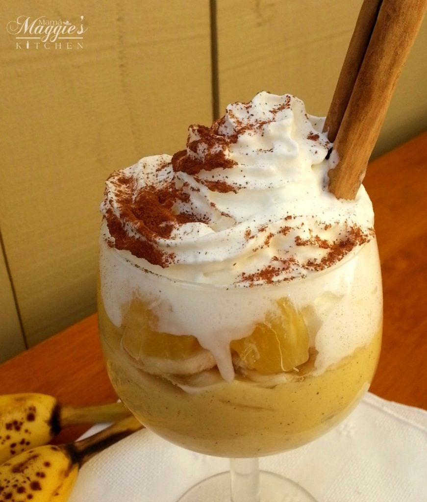 Banana Pineapple Pudding Parfait with whipped creanm and cinnamor