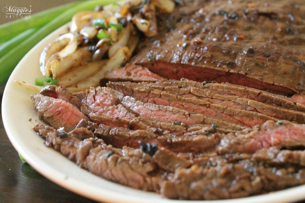 Grilled Balsamic Herb Steak Served in a Plate with roasted onions
