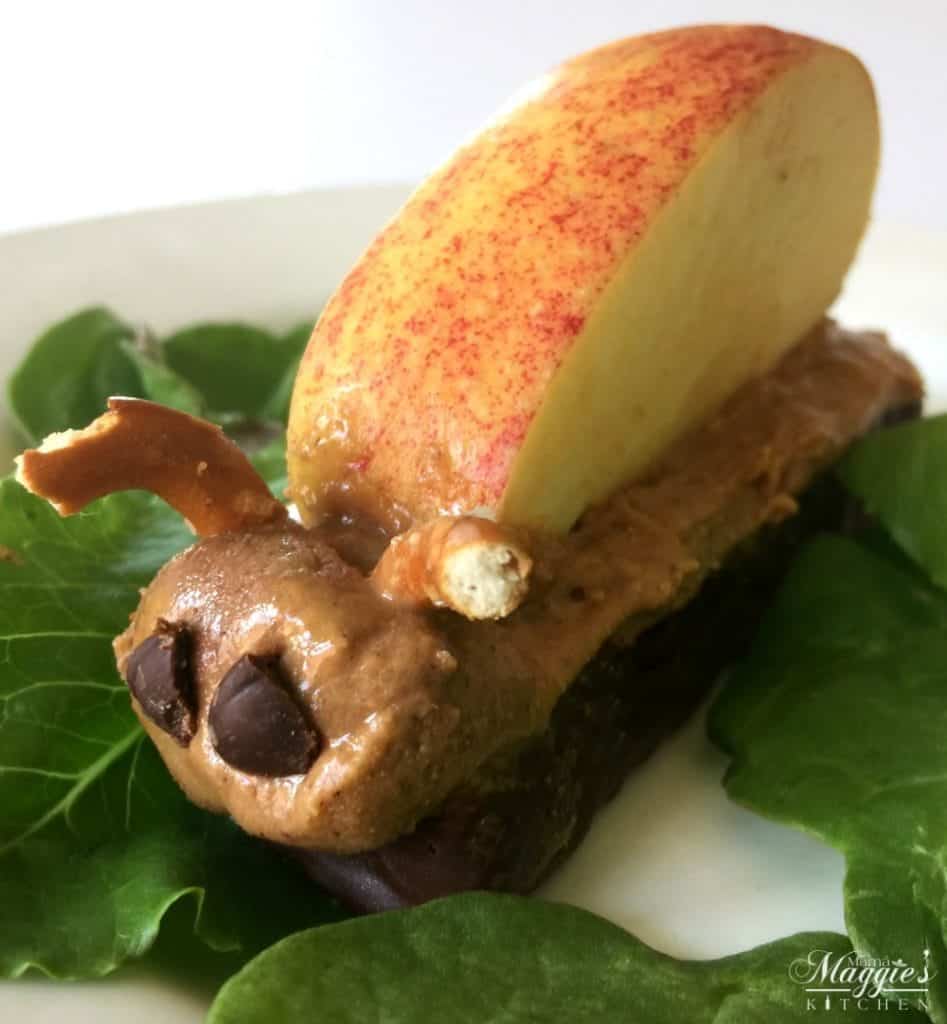 Bug in the Garden made with Fiber One Bars, Peanut Butter, a Pretzel and apples 