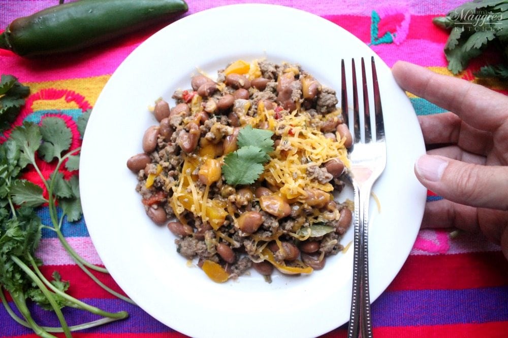 One Pot Mexican Beef and Beans served and plate with a fork