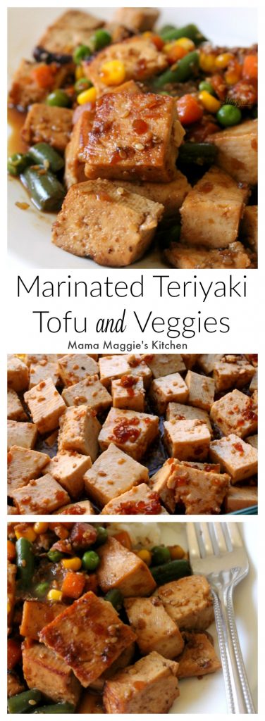 Marinated Teriyaki Tofu and Veggies is an easy and yummy lunch that will take you minutes to make. Plan ahead, and lunch will be ready in a flash. By Mama Maggie’s Kitchen