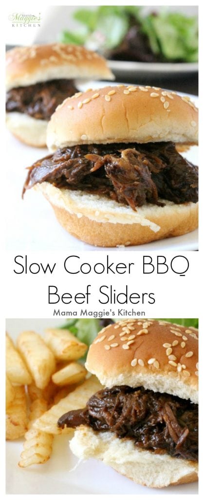 Slow Cooker BBQ Beef Sliders are miniature, itty bitty bites of goodness. Only 5 ingredients and minimal work will get you, your family, and your guests fed. Enjoy! By Mama Maggie’s Kitchen 
