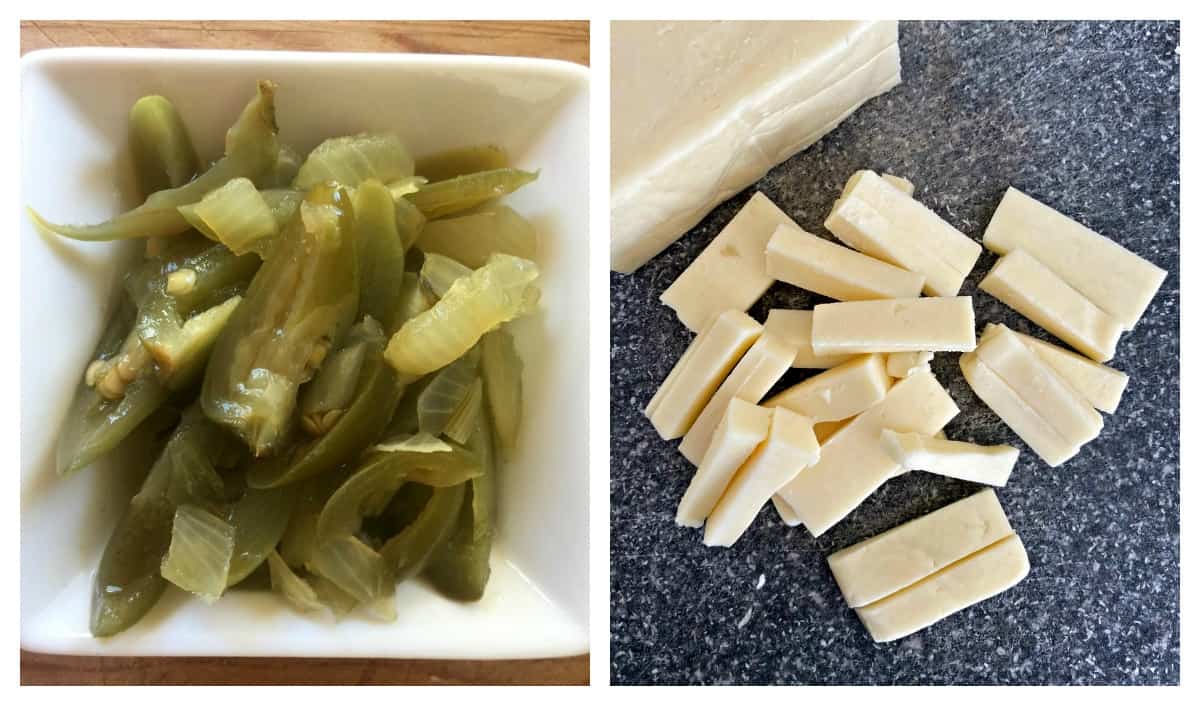 Two pictures side by side of pickled jalapenos and slices of cheese.