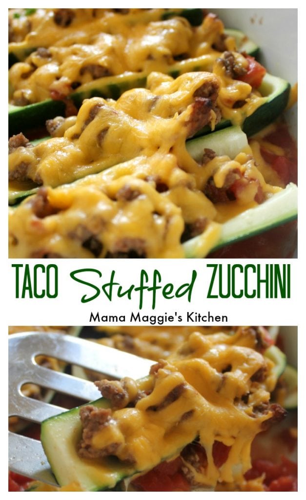 Taco Stuffed Zucchini - A simple, low carb, diabetic-friendly, low fat, and 100% delicious recipe that everyone will love. by Mama Maggie's Kitchen