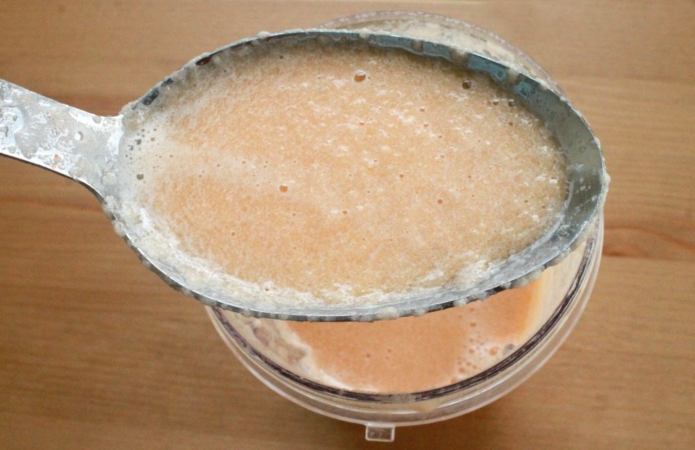 A spoon with the thick, blended cantaloupe mixture.