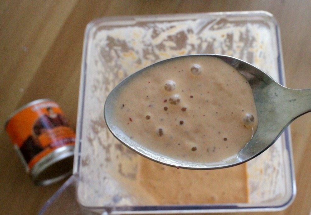 A spoon showing the chipotle cream sauce over a blender.