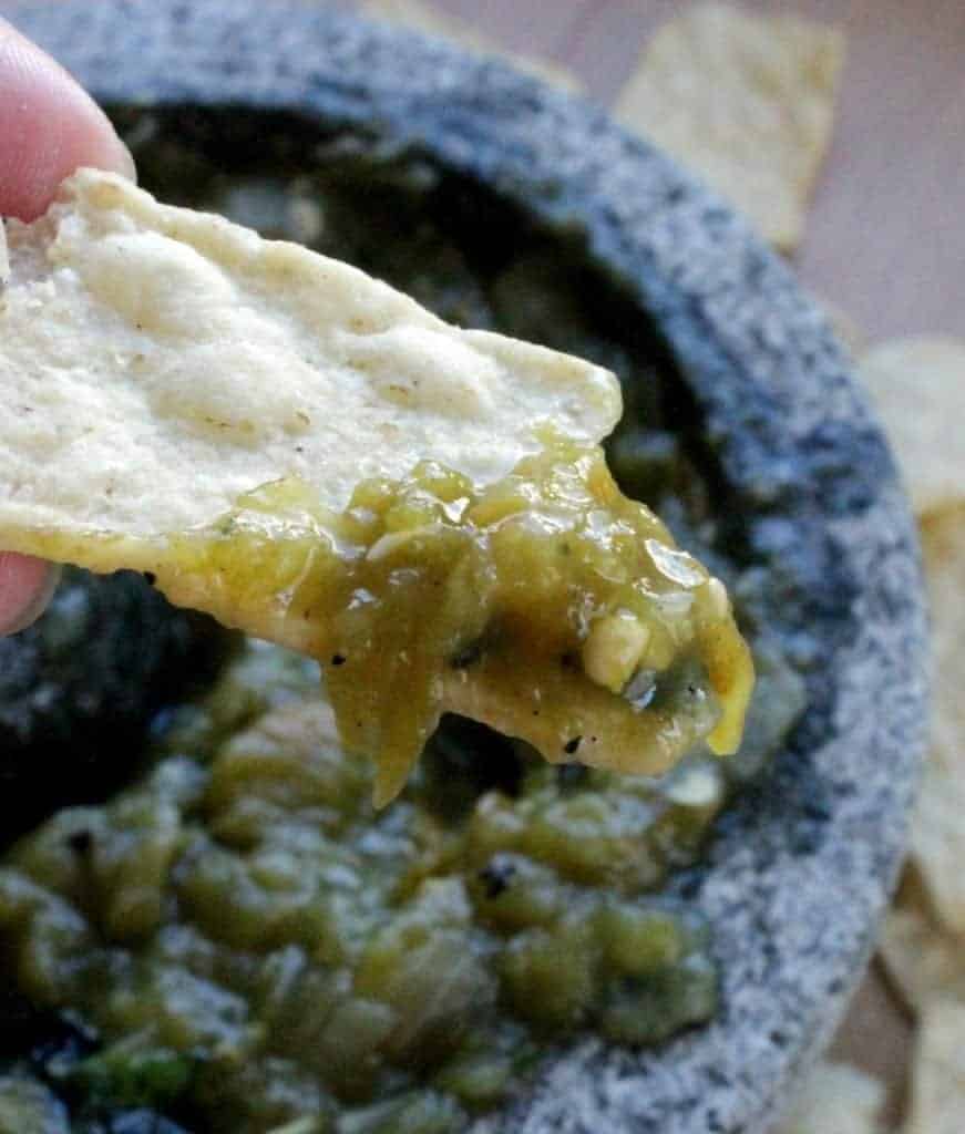 This Hatch Chile Salsa Verde is perfect for dipping or on tacos. Tangy and with just the right spicy kick that’ll make you reach for the next tortilla chip. By Mama Maggie’s Kitchen