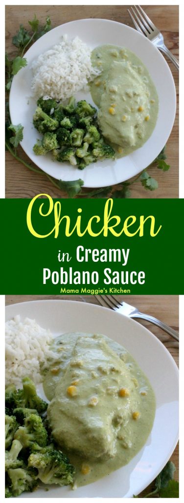 Chicken in Creamy Poblano Sauce (or Pollo en Crema de Chile Poblano) is a delicious Mexican food recipe that will make you beg for seconds. This truly is the definition of “awesome-sauce.” by Mama Maggie’s Kitchen