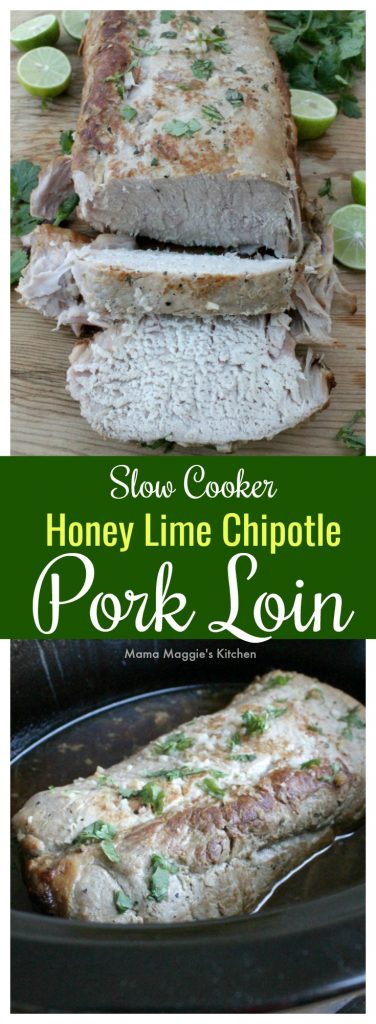 Slow Cooker Honey Lime Chipotle Pork Loin is deliciously flavorful and so easy-to-make. Sure to be a family dinner favorite. By Mama Maggie’s Kitchen