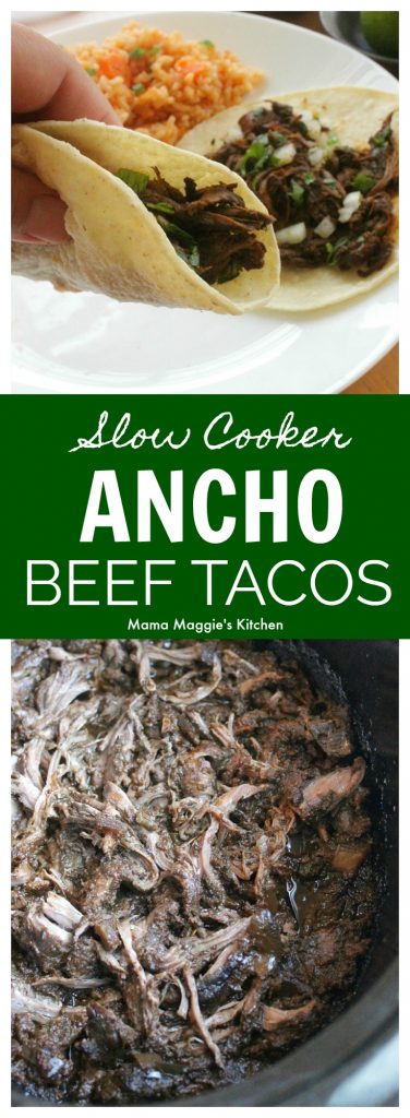 Slow Cooker Ancho Beef Tacos is an easy and yummy recipe that brings flavor to your table. Mexican food has never been better. By Mama Maggie’s Kitchen