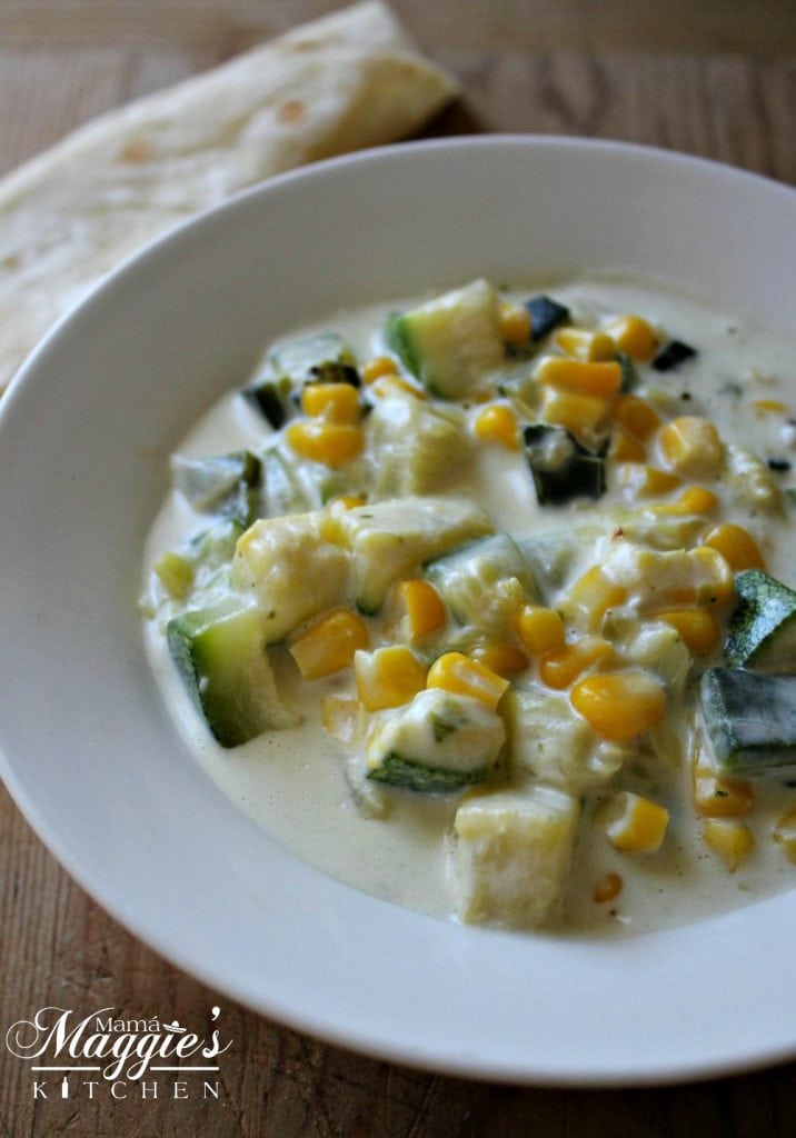 Easy Creamy Zucchini Corn and Poblano Chile (or Calabacitas con Elote y Rajas de Chile Poblano) is a yummy and delicious dish that comes together in minutes. It only takes a few ingredients, and food is ready! By Mama Maggie’s Kitchen