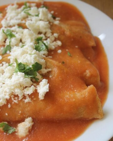 Entomatadas are corn tortillas dipped in Mexican red salsa and topped with white cheese and green cilantro