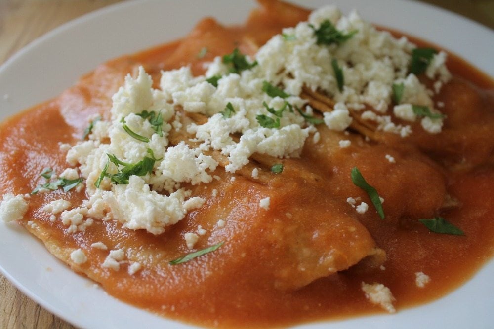 Entomatadas are fried tortillas dipped in Mexican red salsa and topped with crumbled Queso Fresco and chopped green cilantro