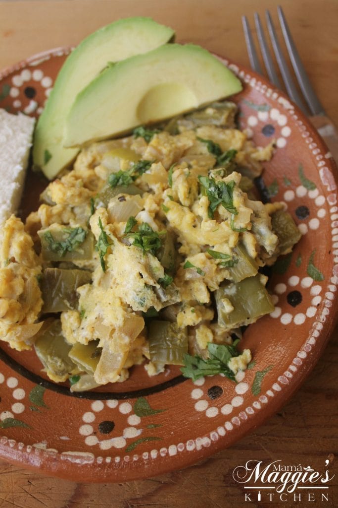 Nopales con Huevos (Cactus with Eggs) is an easy and healthy breakfast. Add tortillas and enjoy this Mexican food favorite. By Mama Maggie’s Kitchen