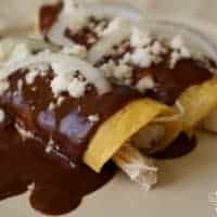 Enmoladas on a plate drenched in mole sauce and topped with onion and cheese.