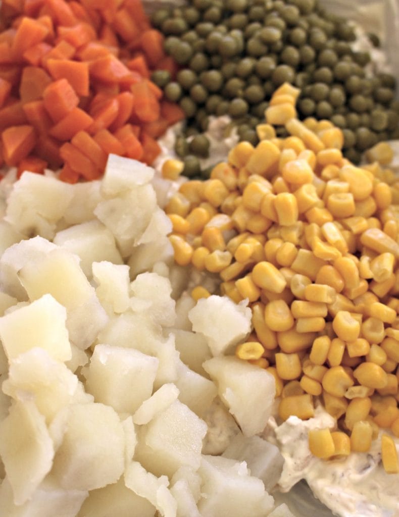 Potato, corn, peas, carrots