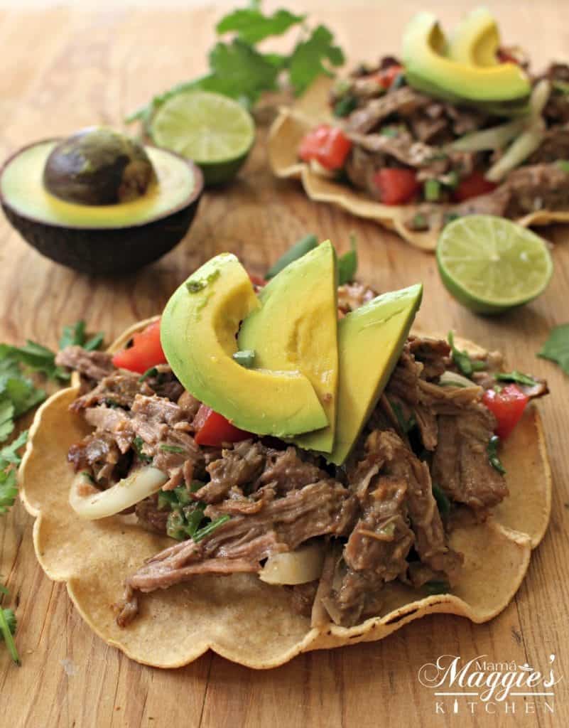 Salpicón de Res is a cold, Mexican beef salad served with a lime-vinegar vinaigrette. Usually served on top of a tostada. It’s a great way to use up leftovers and is idea for parties. by Mama Maggie's Kitchen