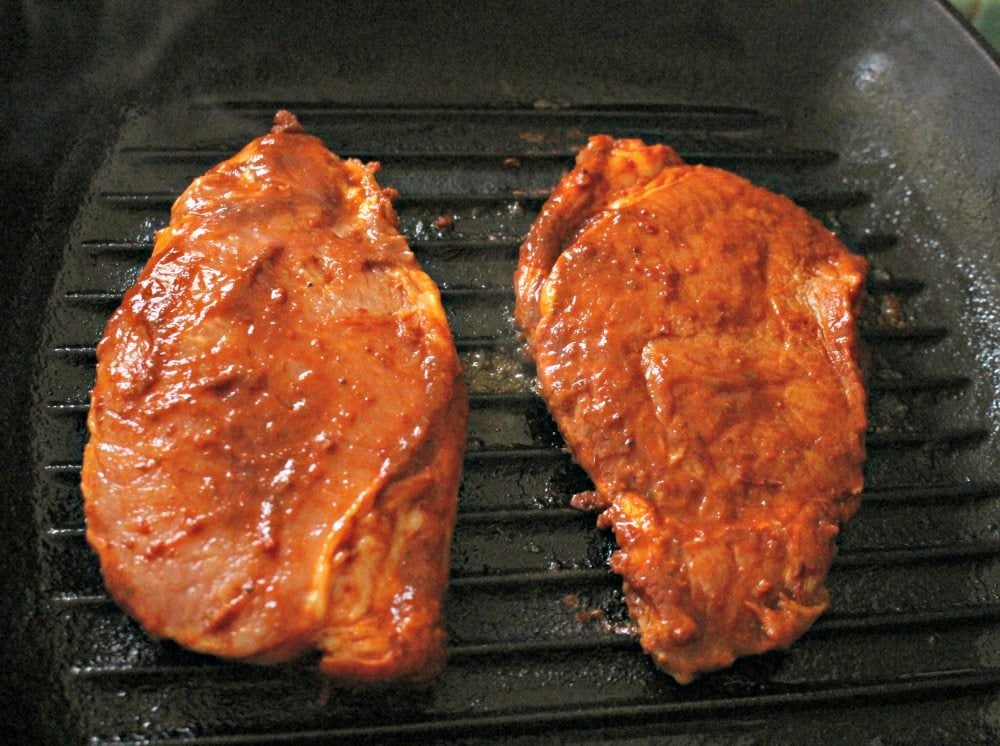 Pork Chops Grilling on Grill Pan