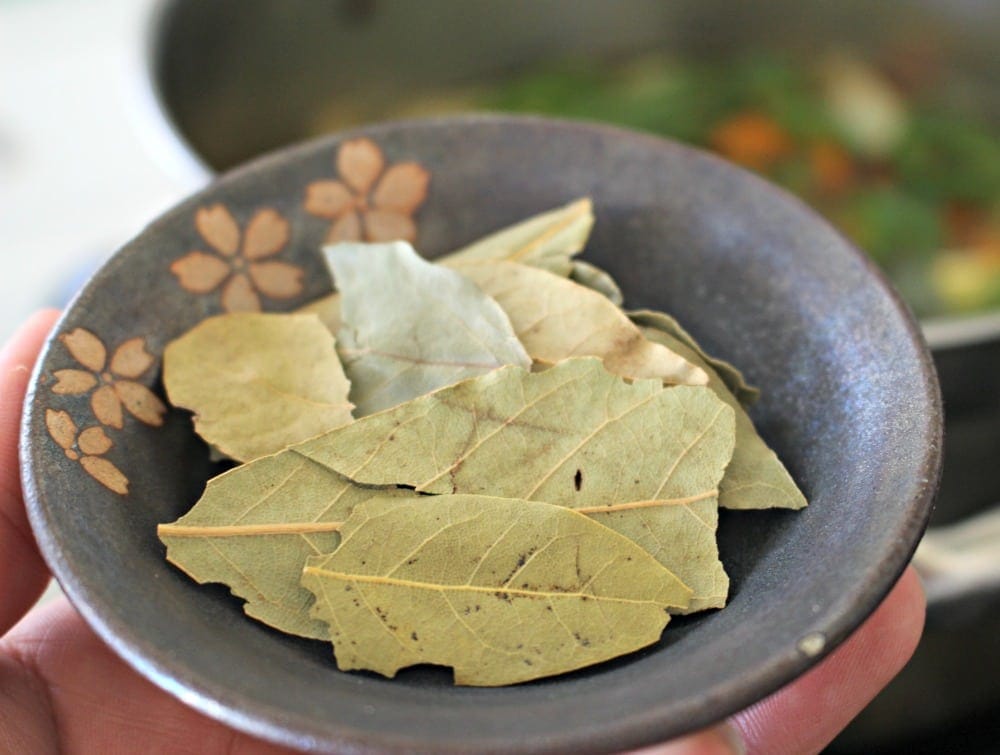 A hand holding a small plate of bay leaves.