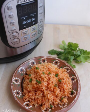 Mexican rice next to an instant pot and cilantro leaves.