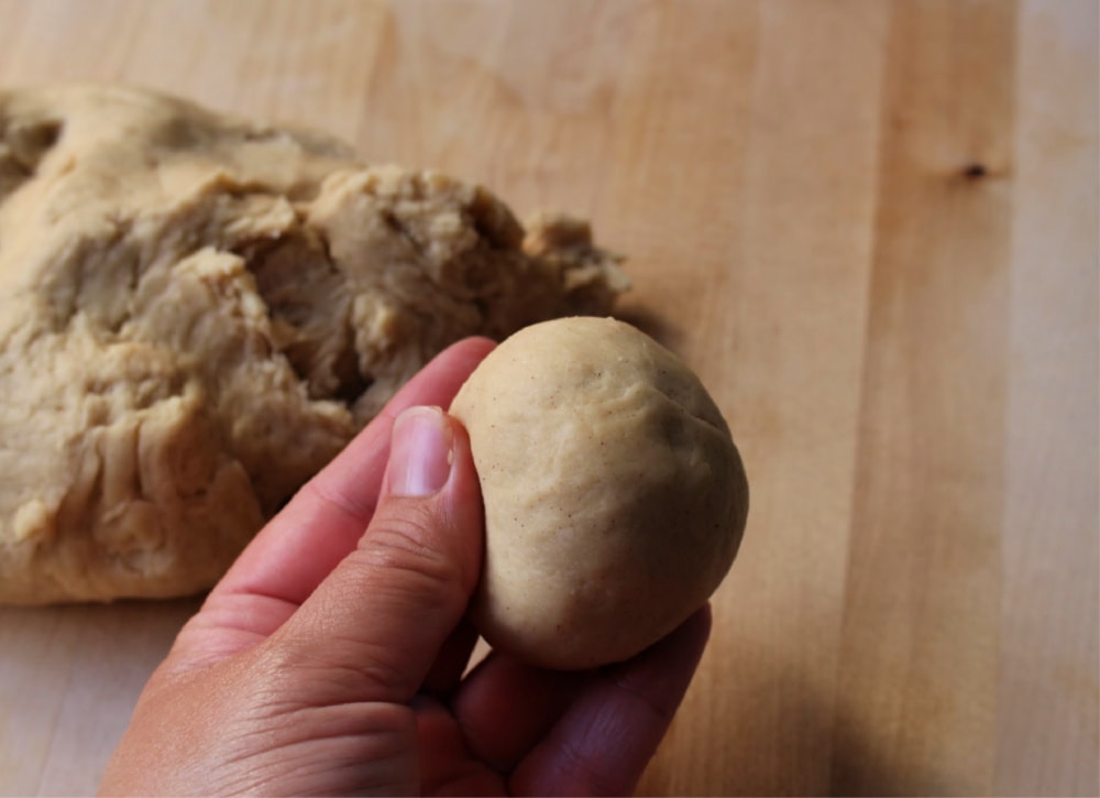 Hand holding ball of dough. 