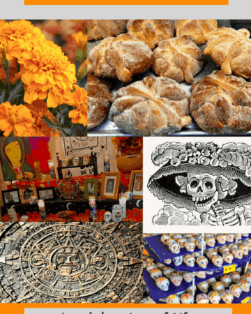 Dia de Los Muertos, or Day of the Day, collage of all that makes up this Mexican holiday.