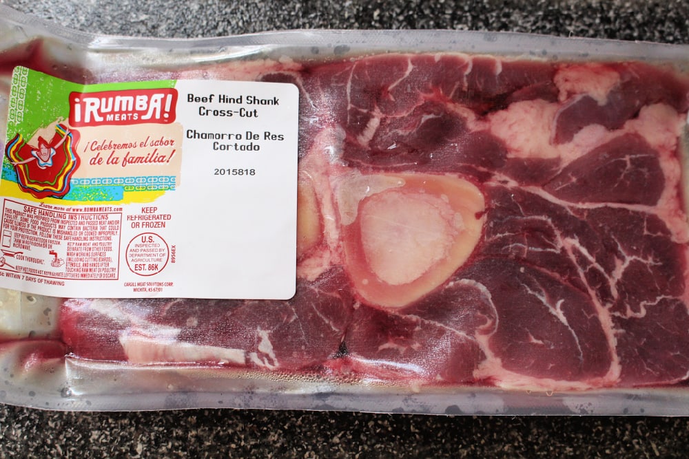 Package of Rumba Meats Beef Hind Shank Cross-Cut on a black granite countertop.