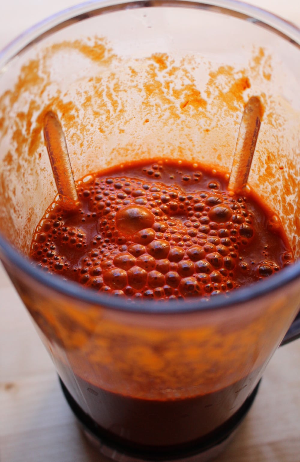 Red chile sauce in a blender.