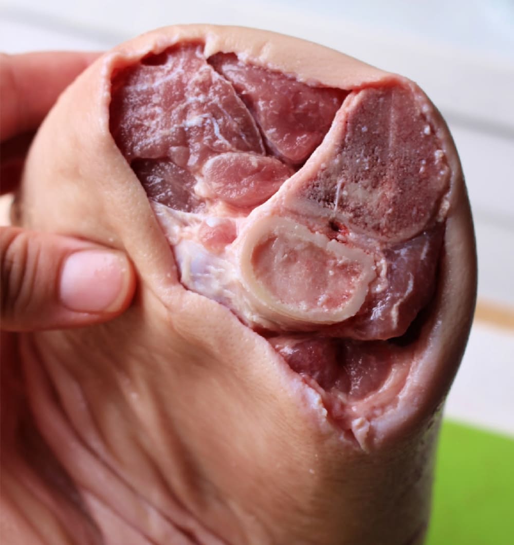 Hand holding the pork shoulder showing the bone in the center of the meat.