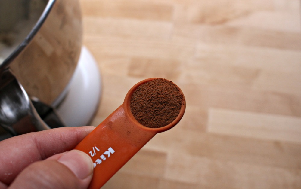 Hand holding an orange measuring spoon filled with ground cinnamon. 