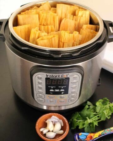 Instant Pot Pork Tamales stacked and ready to cook. Surrounded by cilantro and decorative Mexican kitchenware.