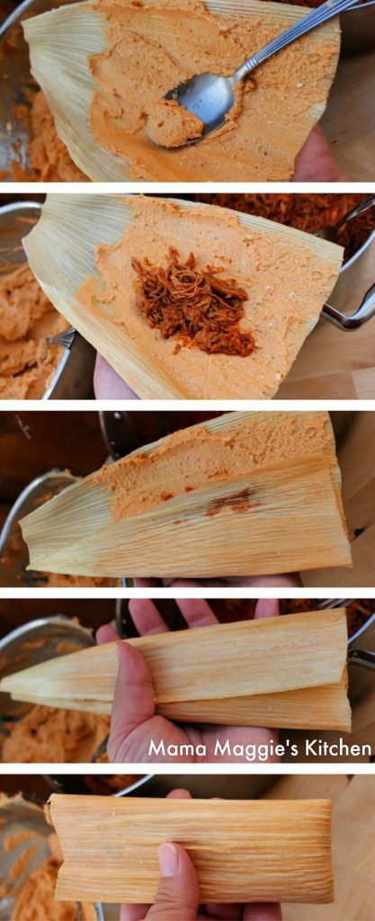 A step-by-step collage showing how to wrap red pork tamales.