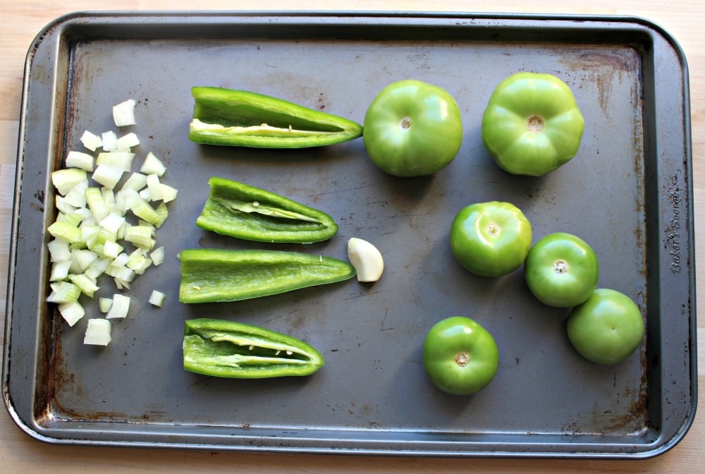 Ingredients for Salsa Verde on a cookie sheet.