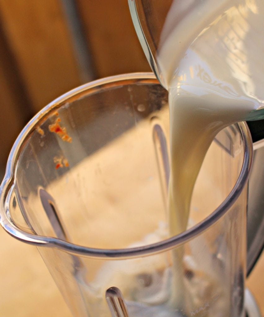 Milk pouring into a blender.