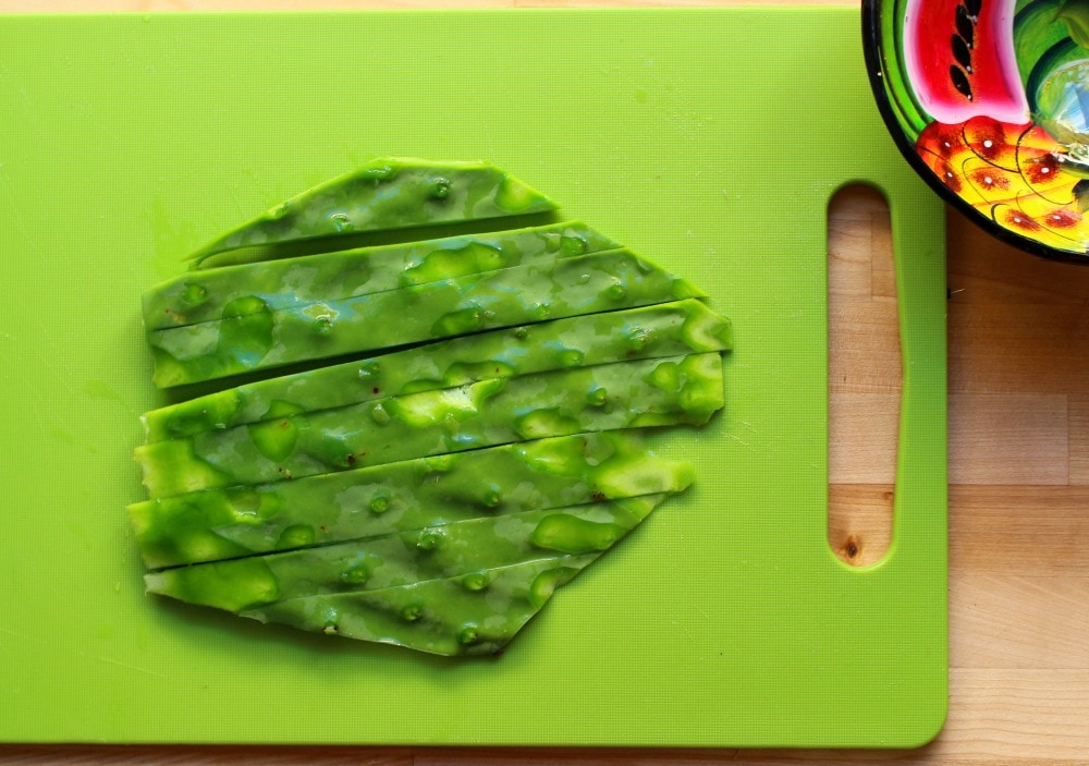 A cactus paddle (nopal) with its thorns removed and sliced.