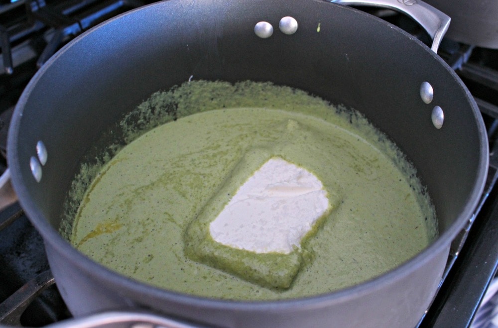 Cream cheese cooking in the poblano sauce. 