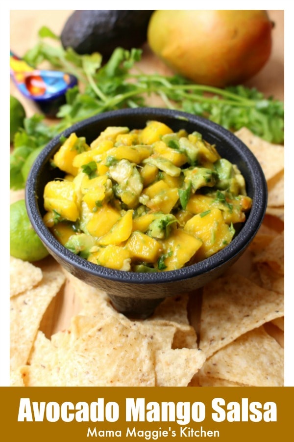 Avocado Mango Salsa is a fruity and slightly spicy appetizer. Grab some chips, and you have a tasty tropical treat. By Mama Maggie's Kitchen