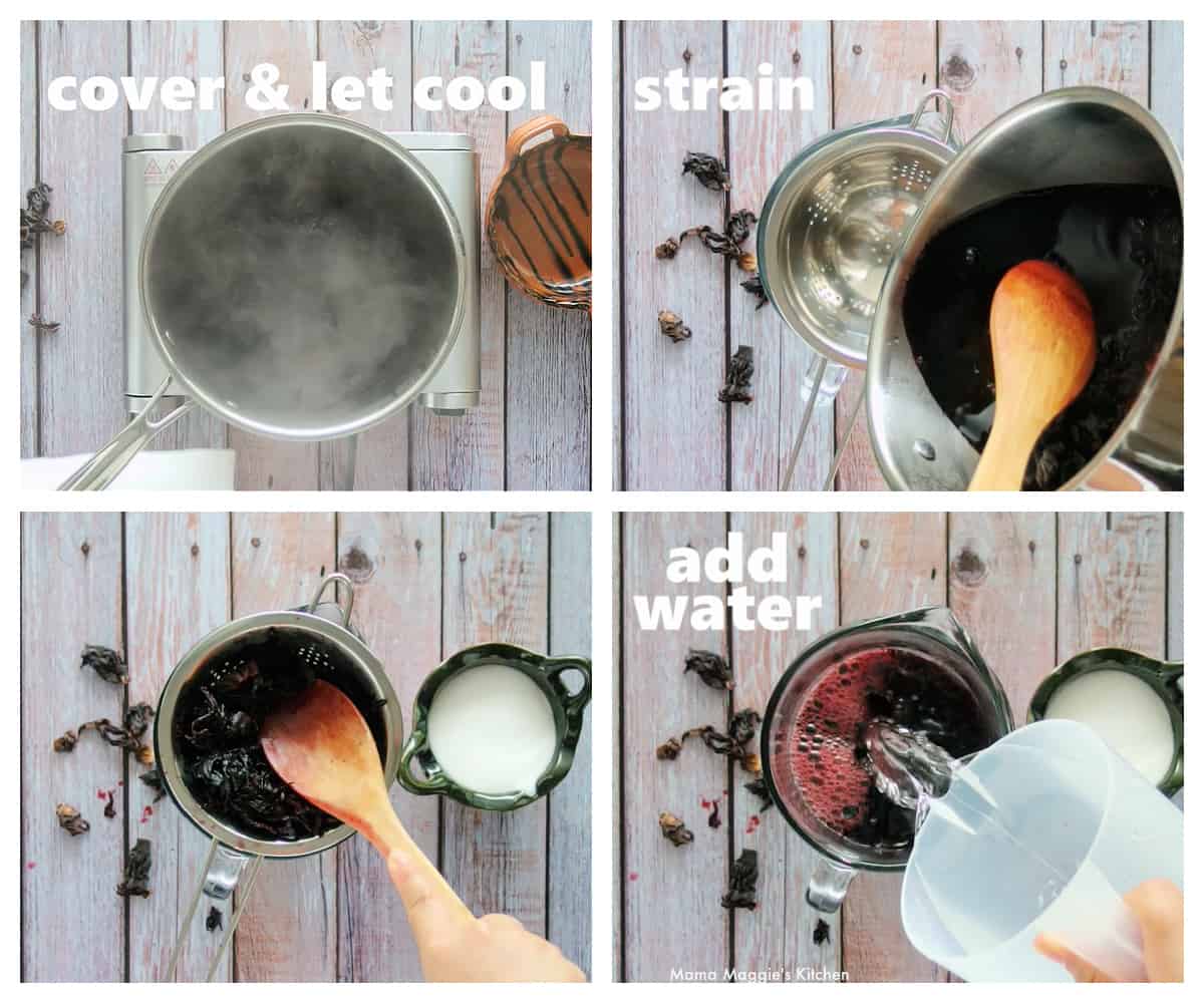 A collage showing how to make Agua de Jamaica drink.