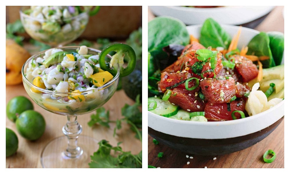 A collage showing two pictures - One picture of ceviche next to a picture of poke. 