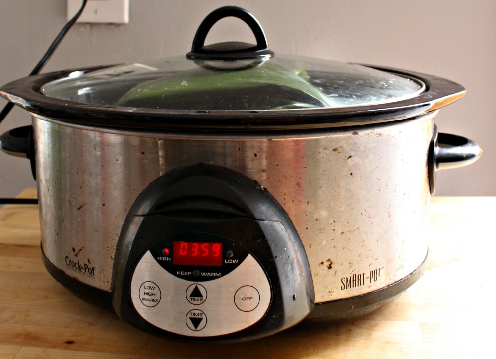 A slow cooker cooking the Pollo Pibil, or Yucatan Style Chicken. 