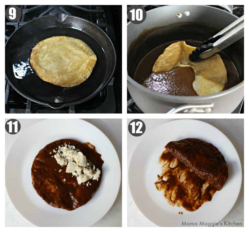 Collage showing how to fry and assemble the enchiladas.