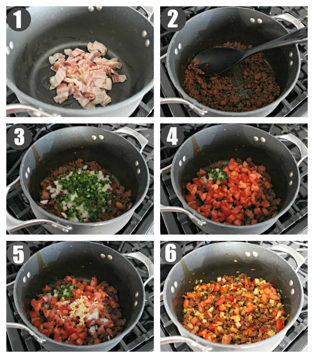 A collage showing how to make Frijoles Charros.