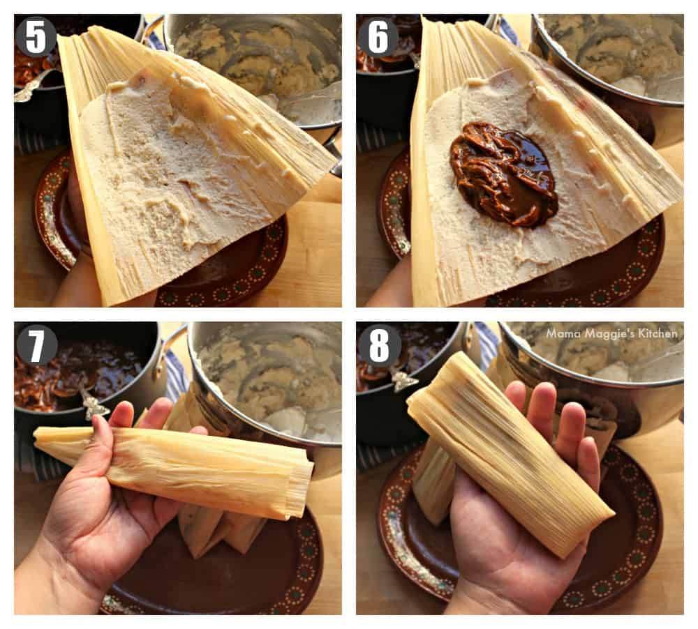 A collage showing how to assemble tamales de mole.