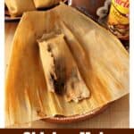 Chicken Mole Tamales unwrapped and sitting on a corn husk.