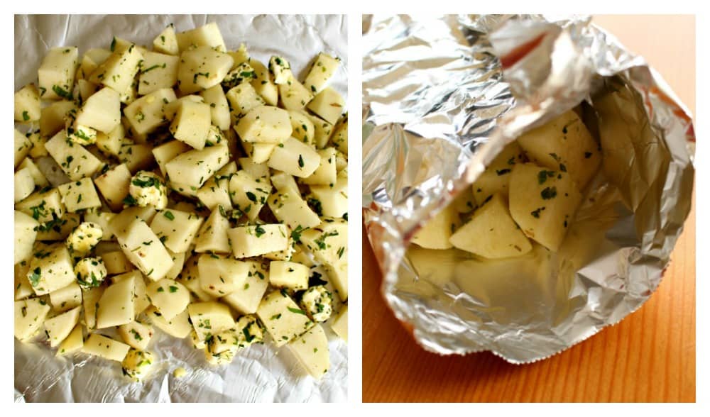 A collage showing how to make a foil packet.