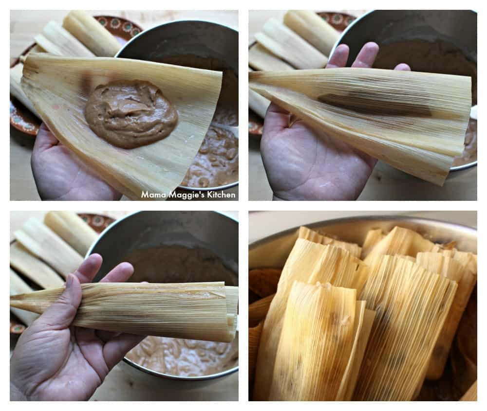 A collage showing how to assemble tamales. 